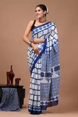 Bagru Hand Block Printed White & Blue Geometric & Floral Cotton Saree With Running Blouse W