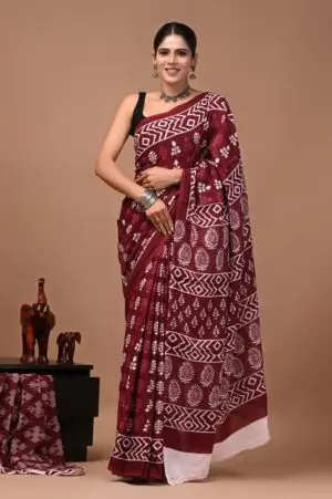 Bagru Hand Block Printed Maroon & White Floral & Geometric Cotton Saree With Running Blouse W
