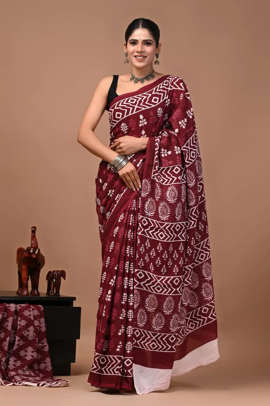 Bagru Hand Block Printed Maroon & White Floral & Geometric Cotton Saree With Running Blouse W