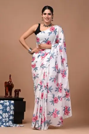 Bagru Hand Block Printed White & Pink Floral Cotton Saree With Running Blouse W