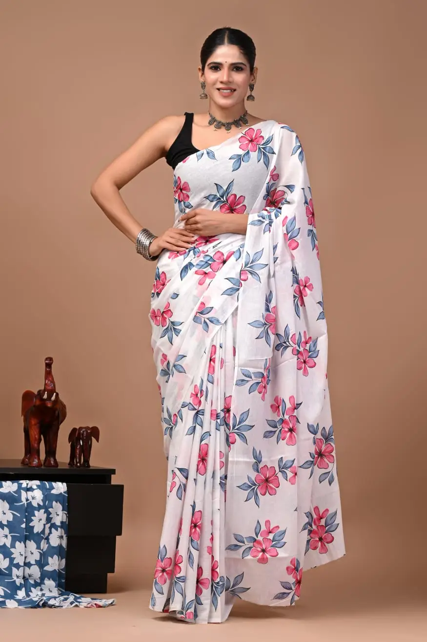 Bagru Hand Block Printed White & Pink Floral Cotton Saree With Running Blouse W