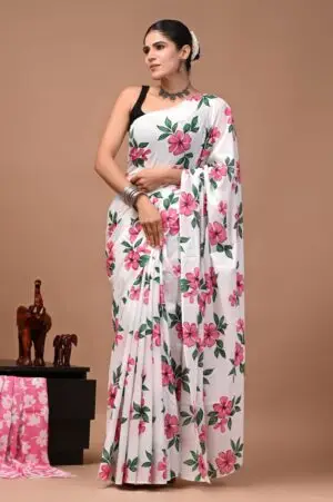 Bagru Hand Block Printed White & Pink Floral Cotton Saree With Running Blouse W