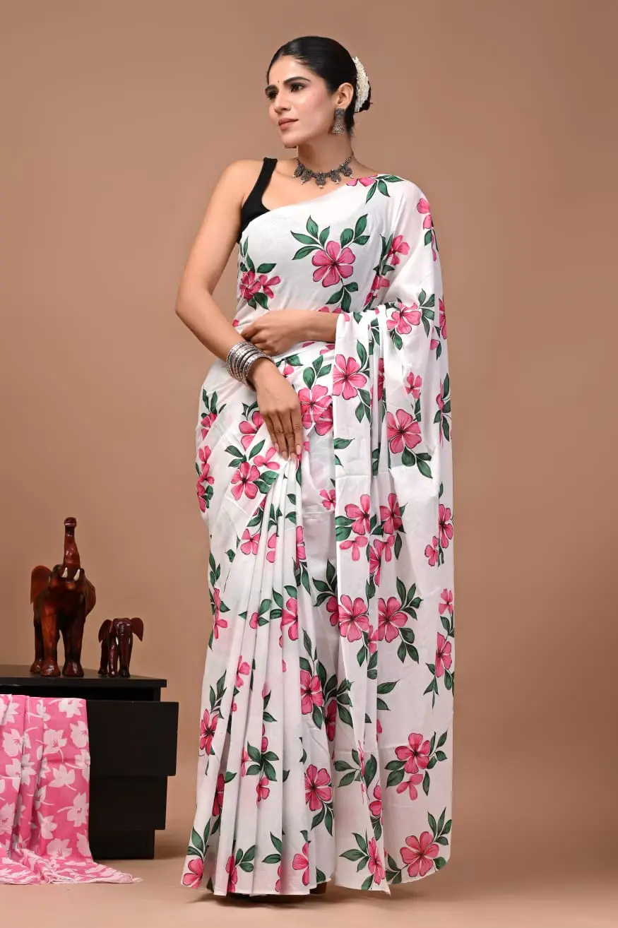 Bagru Hand Block Printed White & Pink Floral Cotton Saree With Running Blouse W