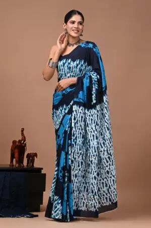 Bagru Hand Block Printed Navy Blue & Sky Blue Abstract Pattern Cotton Saree With Running Blouse