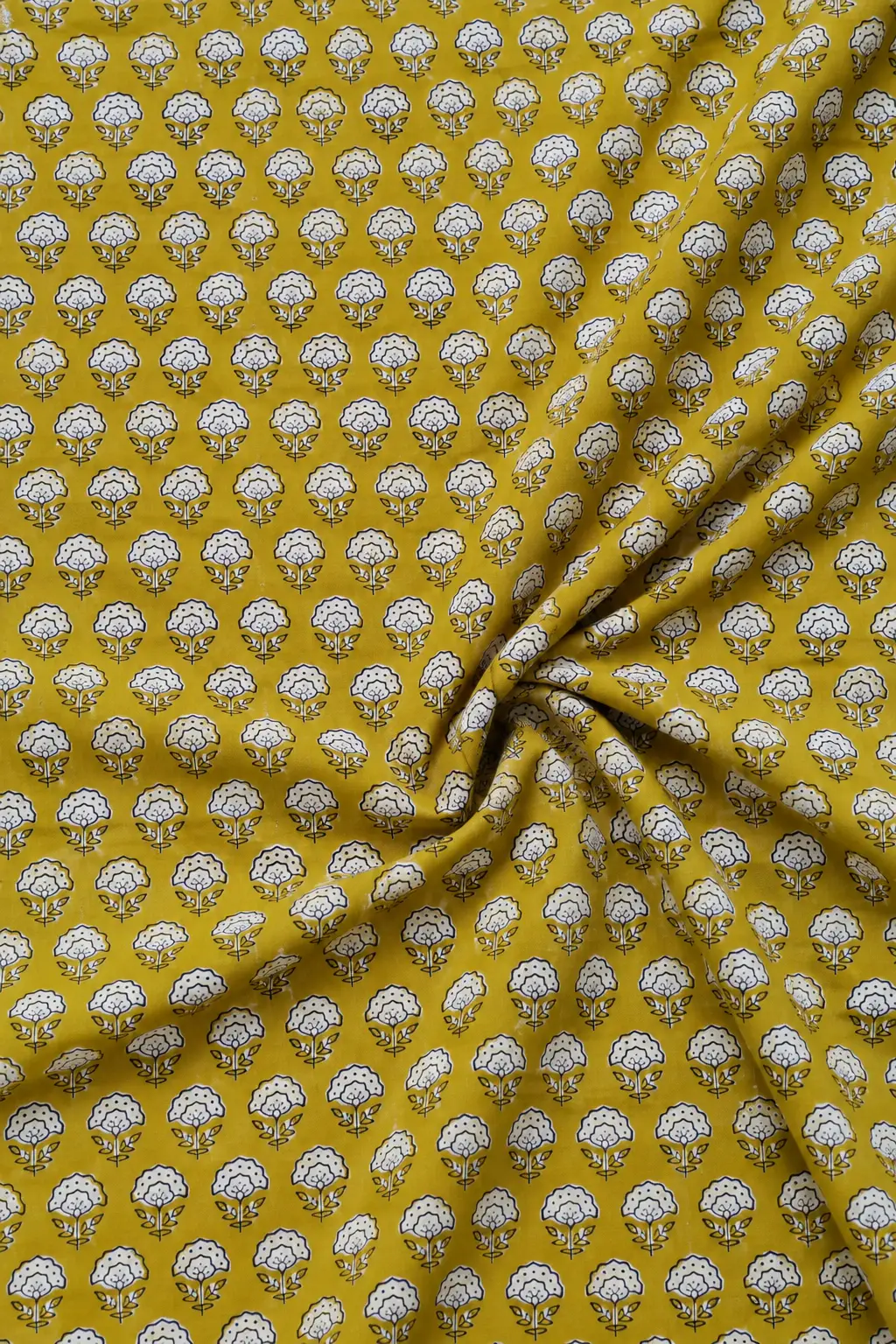 Mustard Yellow Floral Hand Block Printed 60×60 Cotton Fabric - Image 2