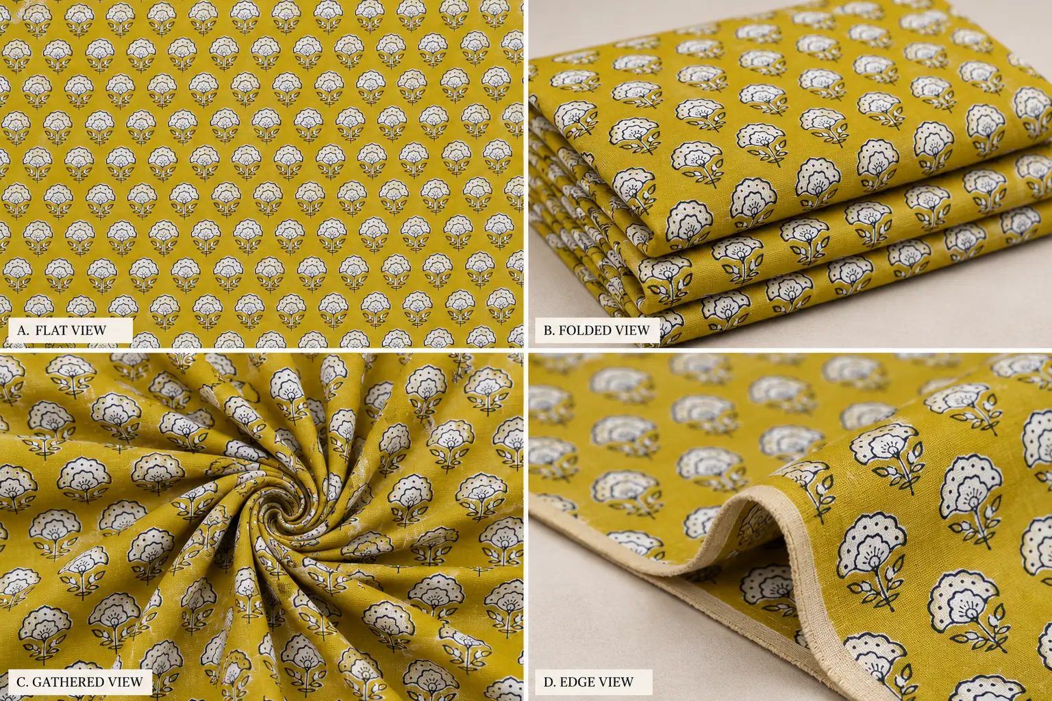 Mustard Yellow Floral Hand Block Printed 60×60 Cotton Fabric - Image 4