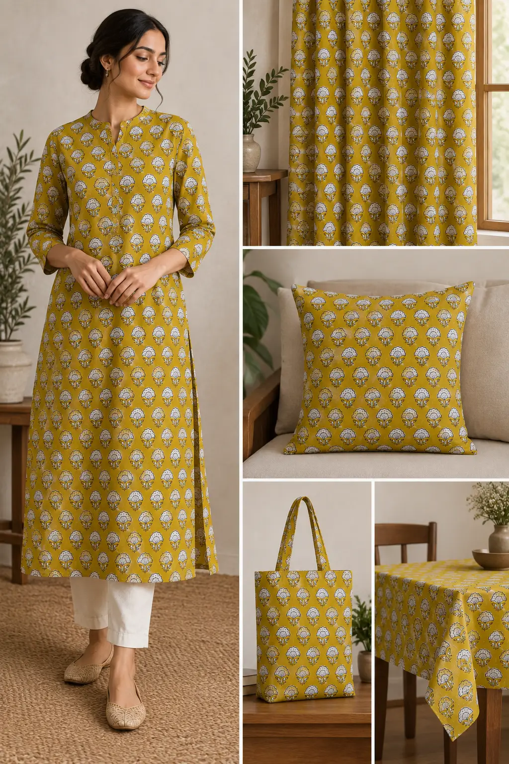 Mustard Yellow Floral Hand Block Printed 60×60 Cotton Fabric - Image 6