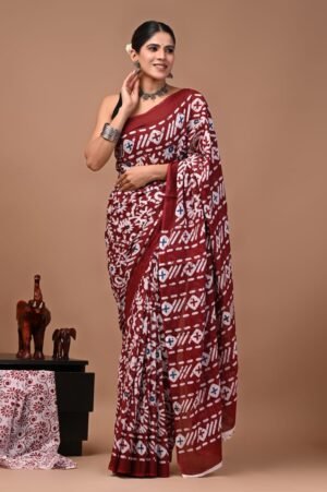 Bagru Hand Block Printed Maroon Mulmul Cotton Saree With Running Blouse W