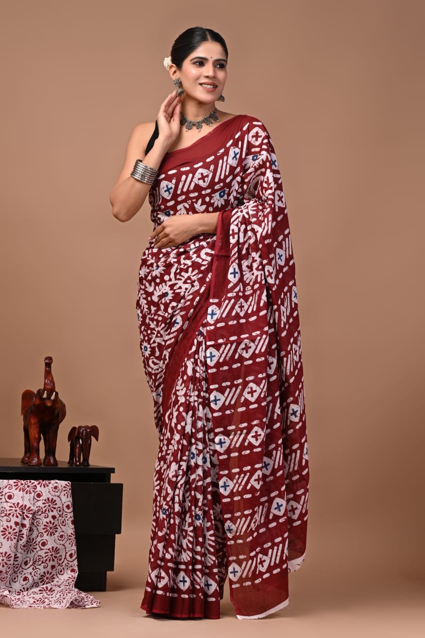 Bagru Hand Block Printed Maroon Mulmul Cotton Saree With Running Blouse W