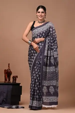 Bagru Hand Block Printed Charcoal Grey & White Floral & Geometric Cotton Saree With Running Blouse W