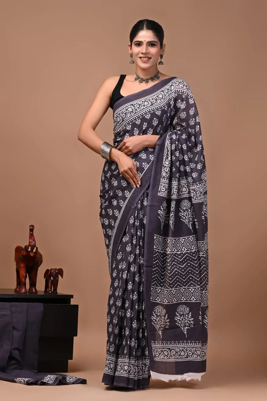 Bagru Hand Block Printed Charcoal Grey & White Floral & Geometric Cotton Saree With Running Blouse W