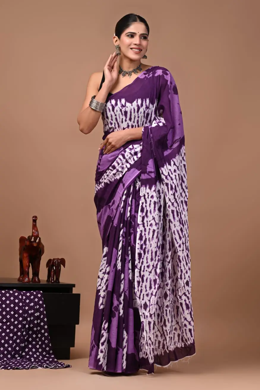 Bagru Hand Block Printed Purple & White Abstract Pattern Cotton Saree With Running Blouse W