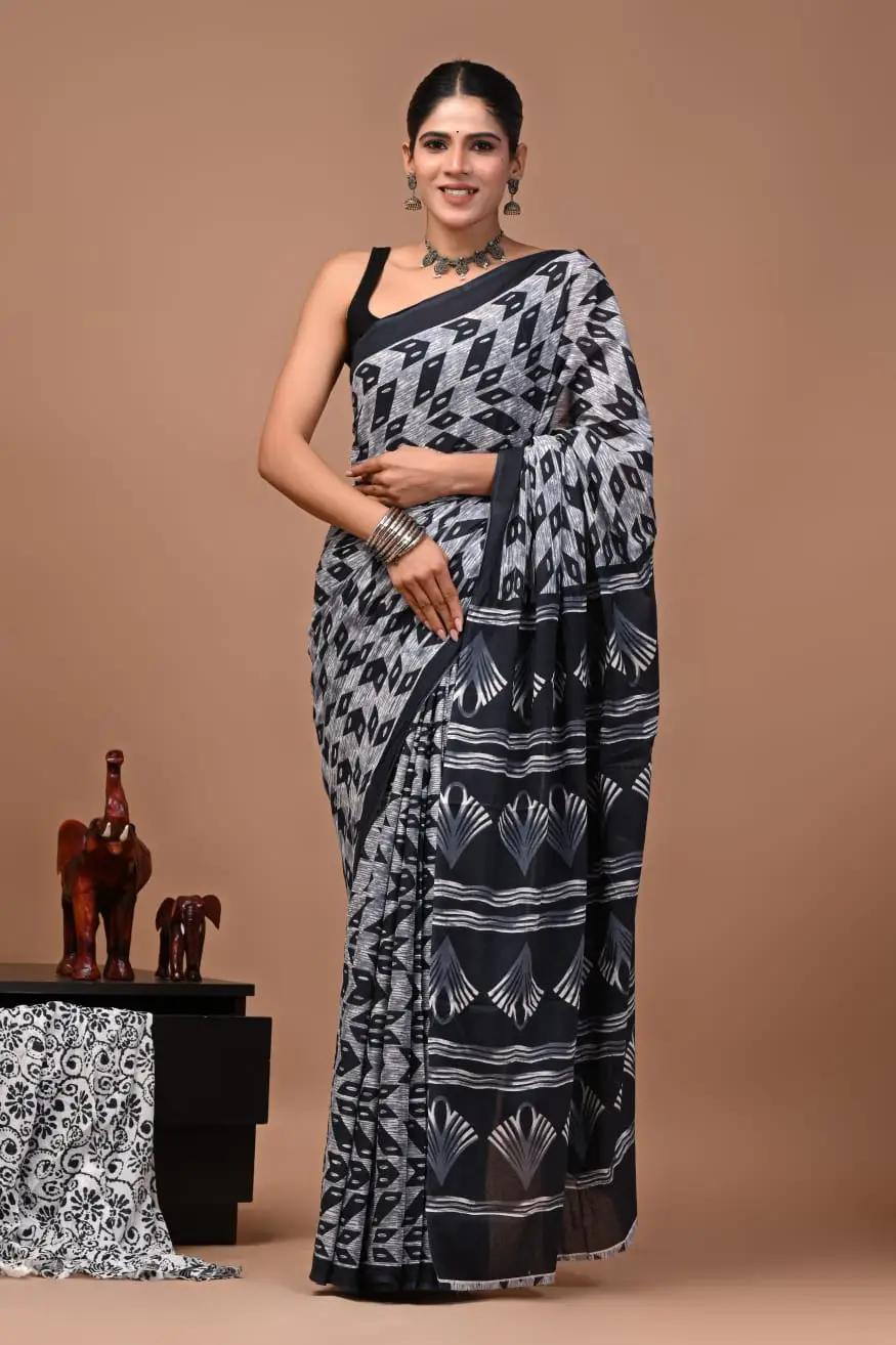 Bagru Hand Block Printed Black & White Geometric & Floral Pattern Cotton Saree With Running Blouse W