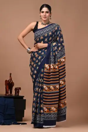Bagru Hand Block Printed Navy Blue, Orange & White Floral & Geometric Cotton Saree With Running Blouse W