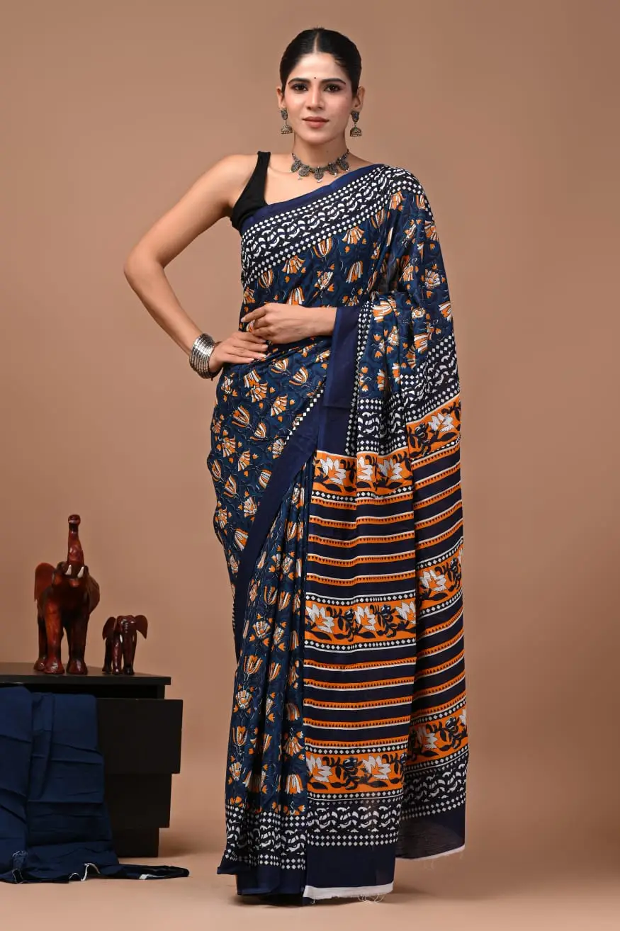 Bagru Hand Block Printed Navy Blue, Orange & White Floral & Geometric Cotton Saree With Running Blouse W