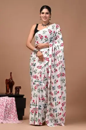 Bagru Hand Block Printed White Floral Cotton Saree With Running Blouse W