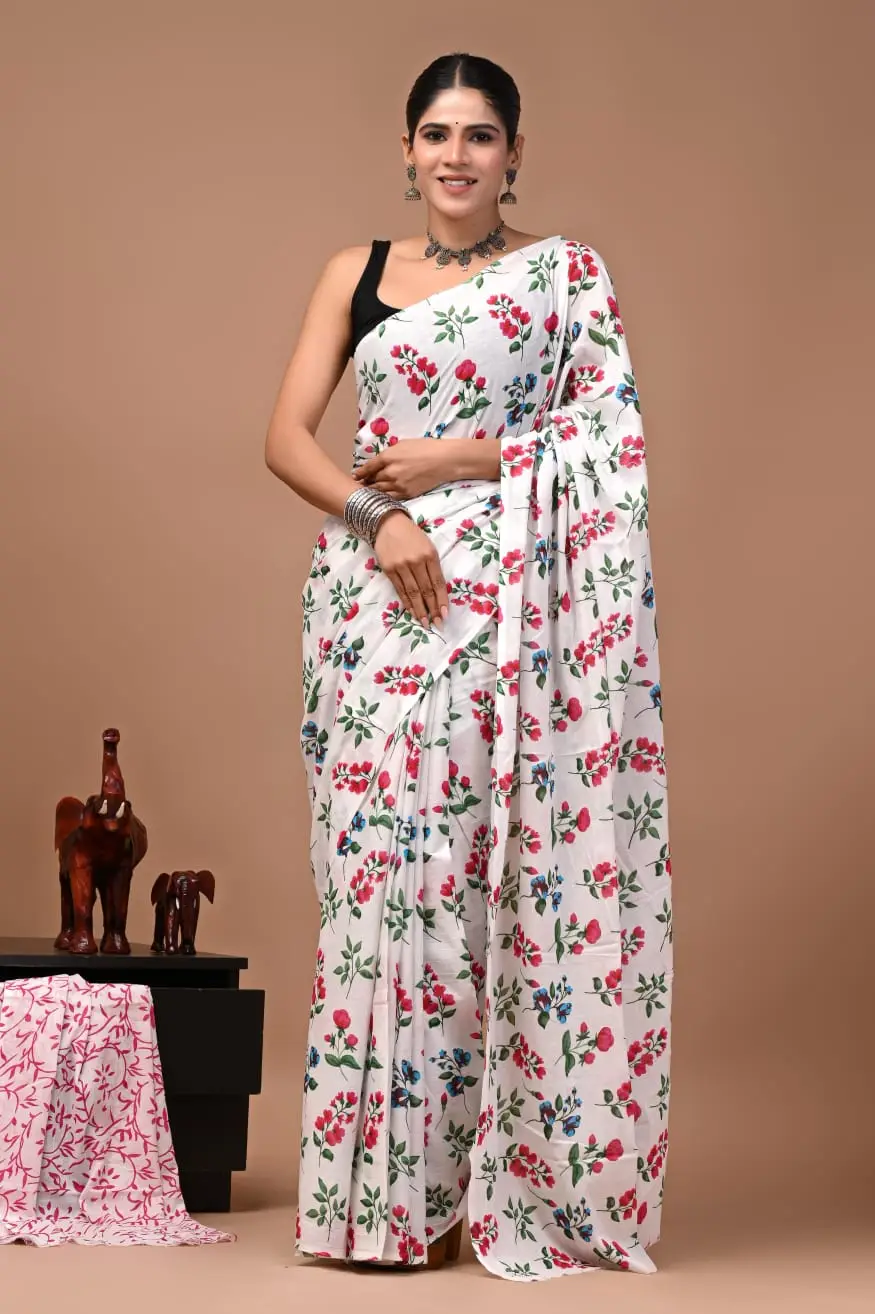 Bagru Hand Block Printed White Floral Cotton Saree With Running Blouse W