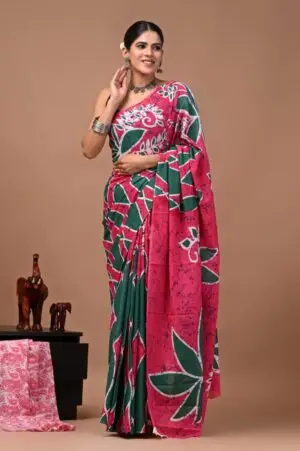Bagru Hand Block Printed Pink & Bottle Green Floral & Geometric Cotton Saree With Running Blouse W