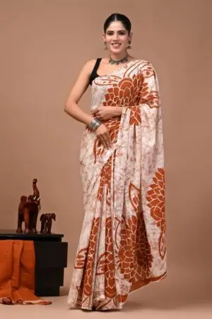 Bagru Hand Block Printed Cream & Rust Orange Floral Cotton Saree With Running Blouse W