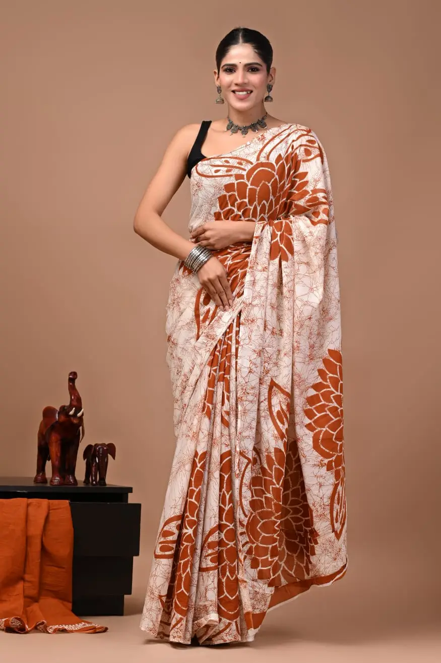 Bagru Hand Block Printed Cream & Rust Orange Floral Cotton Saree With Running Blouse W